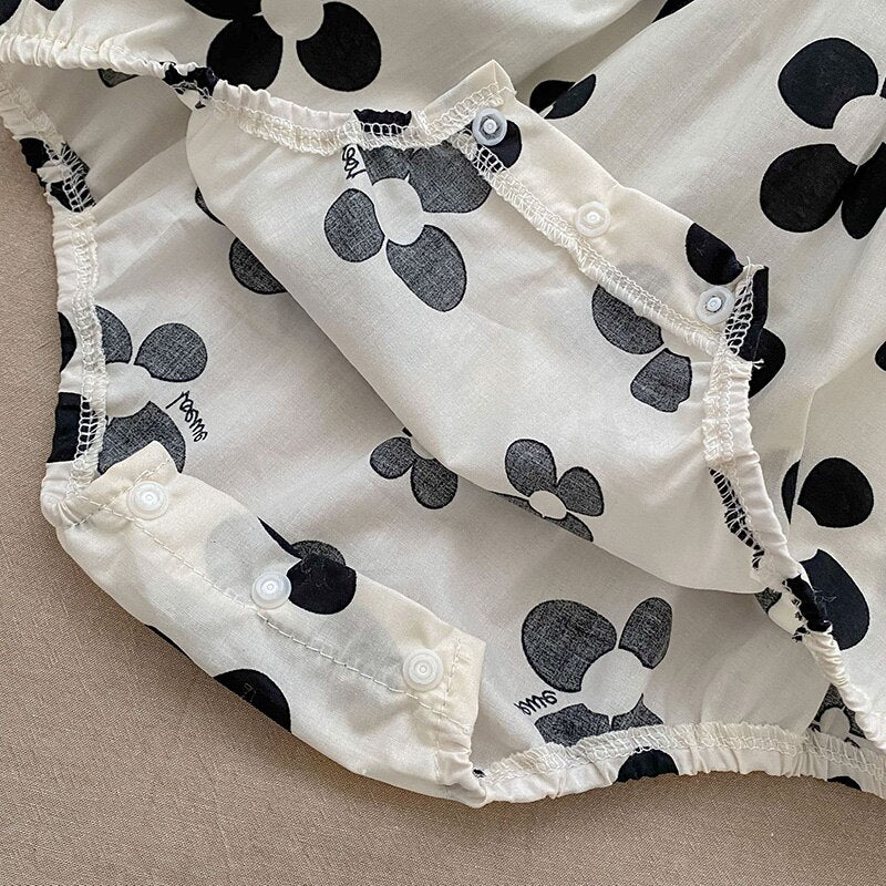 ベビー モノトーン レトロフラワー 長袖 ロンパース ヘアバンド セット - mamahalo shop - 長袖ロンパース - ベビー服 - 子供服 - 男の子 - 女の子