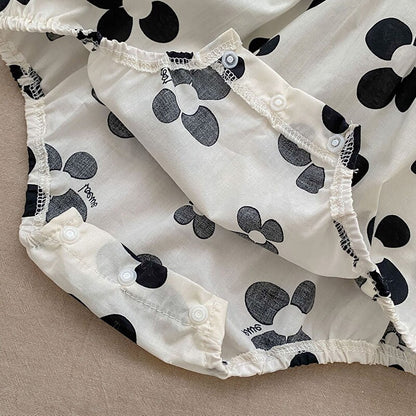 ベビー モノトーン レトロフラワー 長袖 ロンパース ヘアバンド セット - mamahalo shop - 長袖ロンパース - ベビー服 - 子供服 - 男の子 - 女の子