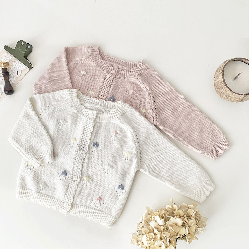 ニットカーディガン ジャケット フラワー 花柄 刺繍 アイボリー ピンク 2カラー ガールズ 女の子 子供服 – mamahalo shop