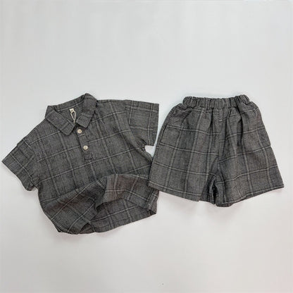 -キッズ グレンチェック セットアップ 半袖 シャツ ショートパンツ ベージュ ダークグレー ボーイズ - mamahalo shop - 半袖セットアップ -  べビー服 - 子供服 - 男の子 - 女の子