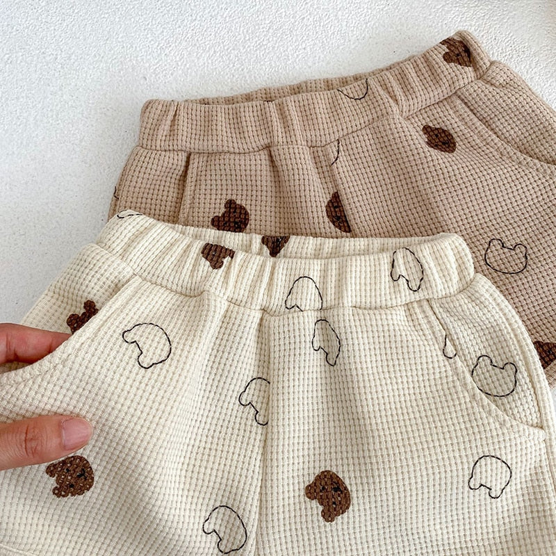 -ベビー セットアップ ワッフル くま ベア 半袖 Tシャツ ショートパンツ ベージュ ブラウン - mamahalo shop - 半袖セットアップ -  べビー服 - 子供服 - 男の子 - 女の子