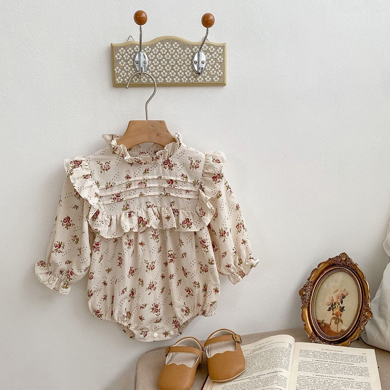 -ベビー フラワー チェック フリル スタンドカラー 長袖 ロンパース - mamahalo shop - 長袖ロンパース -  べビー服 - 子供服 - 男の子 - 女の子