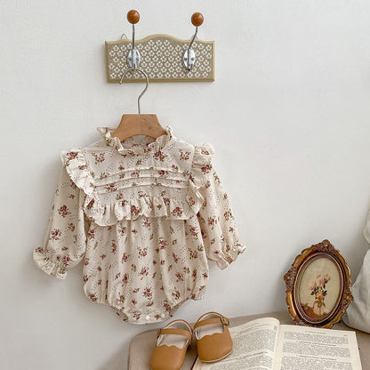 -ベビー フラワー チェック フリル スタンドカラー 長袖 ロンパース - mamahalo shop - 長袖ロンパース -  べビー服 - 子供服 - 男の子 - 女の子