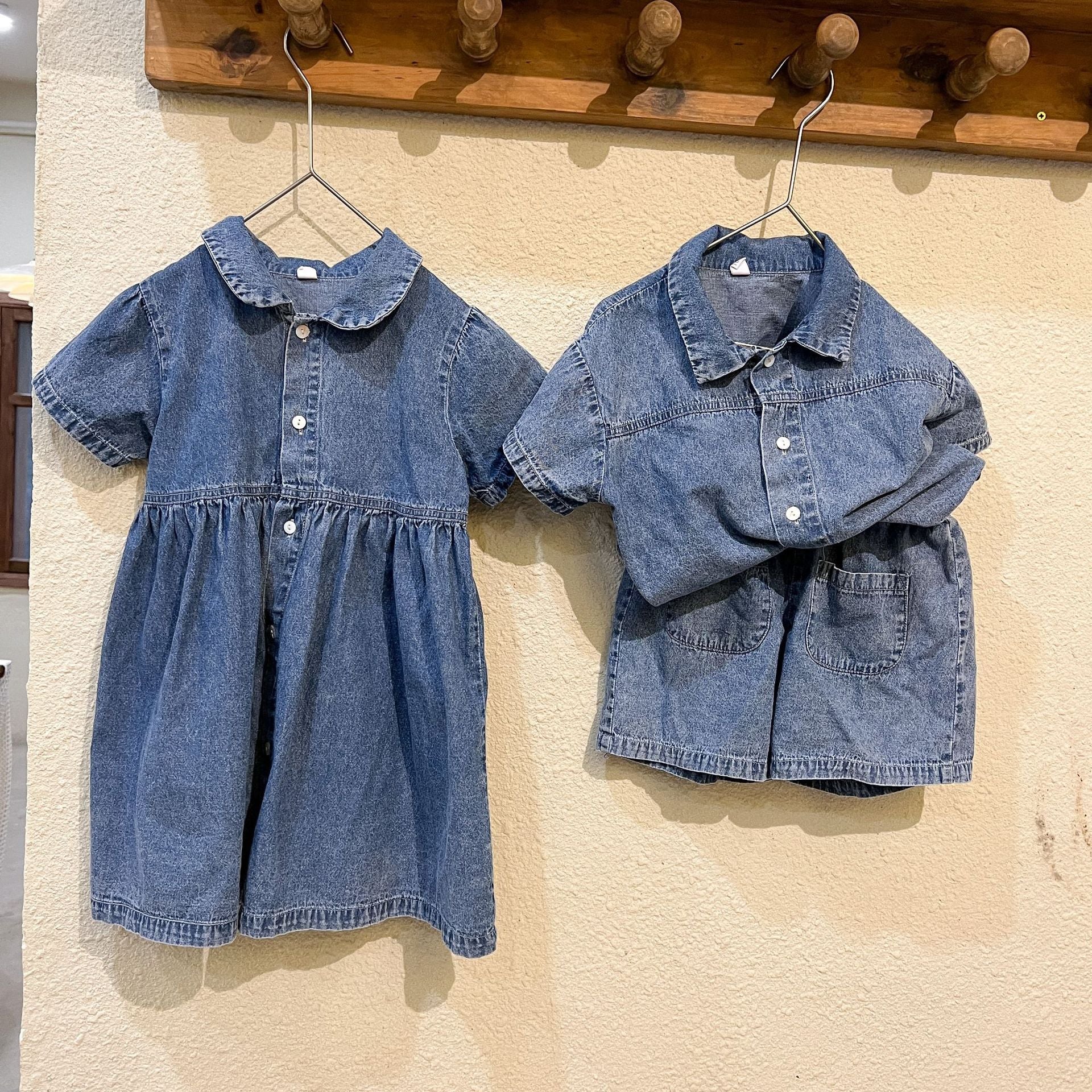 -キッズ デニム セットアップ 半袖 シャツ パンツ ワンピース リンク 兄弟 姉妹 お揃い コーデ - mamahalo shop - 半袖ワンピース -  べビー服 - 子供服 - 男の子 - 女の子