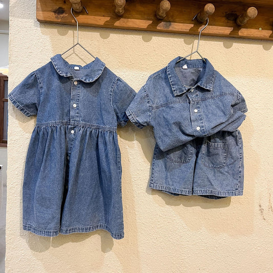 -キッズ デニム セットアップ 半袖 シャツ パンツ ワンピース リンク 兄弟 姉妹 お揃い コーデ - mamahalo shop - 半袖ワンピース -  べビー服 - 子供服 - 男の子 - 女の子