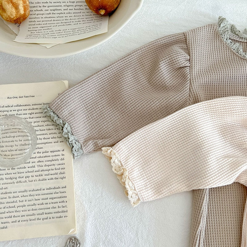 -ベビー レース ワッフル 長袖 ロンパース ジャンプスーツ - mamahalo shop - 長袖ロンパース -  べビー服 - 子供服 - 男の子 - 女の子