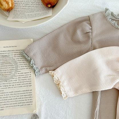 -ベビー レース ワッフル 長袖 ロンパース ジャンプスーツ - mamahalo shop - 長袖ロンパース -  べビー服 - 子供服 - 男の子 - 女の子