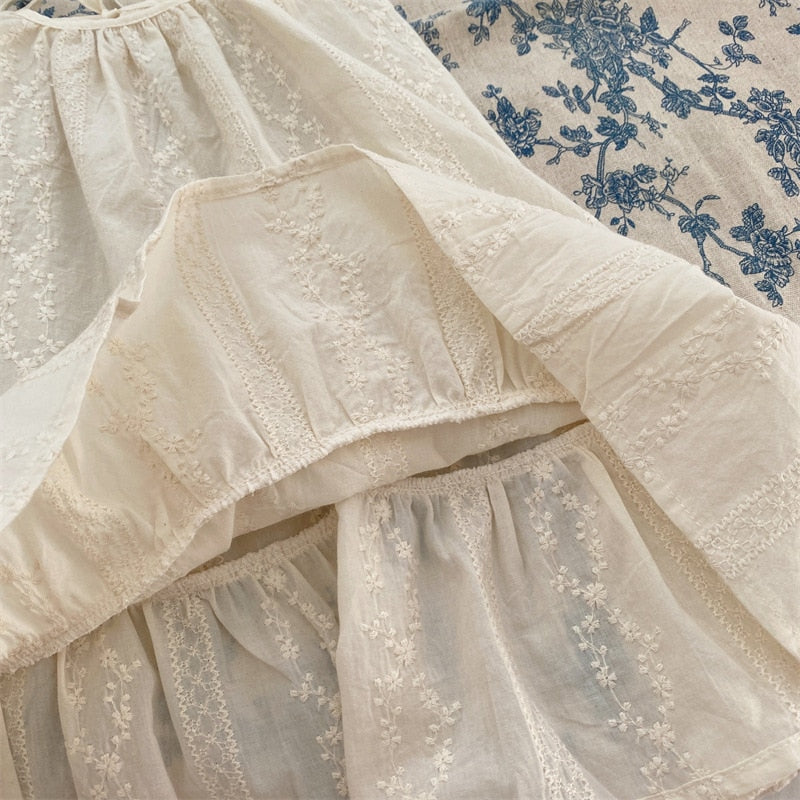 -キッズ フラワー 刺繍 レース フリル キャミソール ワンピース - mamahalo shop - ノースリーブワンピース -  べビー服 - 子供服 - 男の子 - 女の子