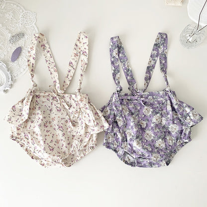 -ベビー フラワー 花柄 ラッフル フリル サスペンダー ブルマ パンツ アプリコットベージュ パープル ガールズ - mamahalo shop - ブルマパンツ -  べビー服 - 子供服 - 男の子 - 女の子
