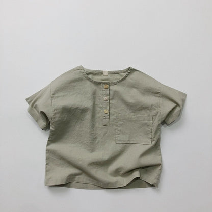 -キッズ コットンリネン 半袖 シャツ ブラウス - mamahalo shop - 半袖シャツ・ブラウス -  べビー服 - 子供服 - 男の子 - 女の子