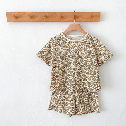 -キッズ 半袖 プリント セットアップ パジャマ Tシャツ ショートパンツ フラワー レモン - mamahalo shop - 半袖パジャマ -  べビー服 - 子供服 - 男の子 - 女の子