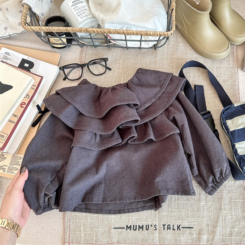 -キッズ ラッフルフリル ビッグカラー 長袖 スモック チュニック ブラウス トップス ガールズ - mamahalo shop - 長袖シャツ・ブラウス -  べビー服 - 子供服 - 男の子 - 女の子
