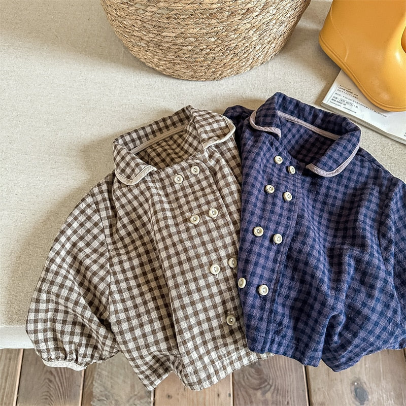 -キッズ チェック ダブルボタン 長袖 ルーズ シャツ ブラウス - mamahalo shop - 長袖シャツ・ブラウス -  べビー服 - 子供服 - 男の子 - 女の子