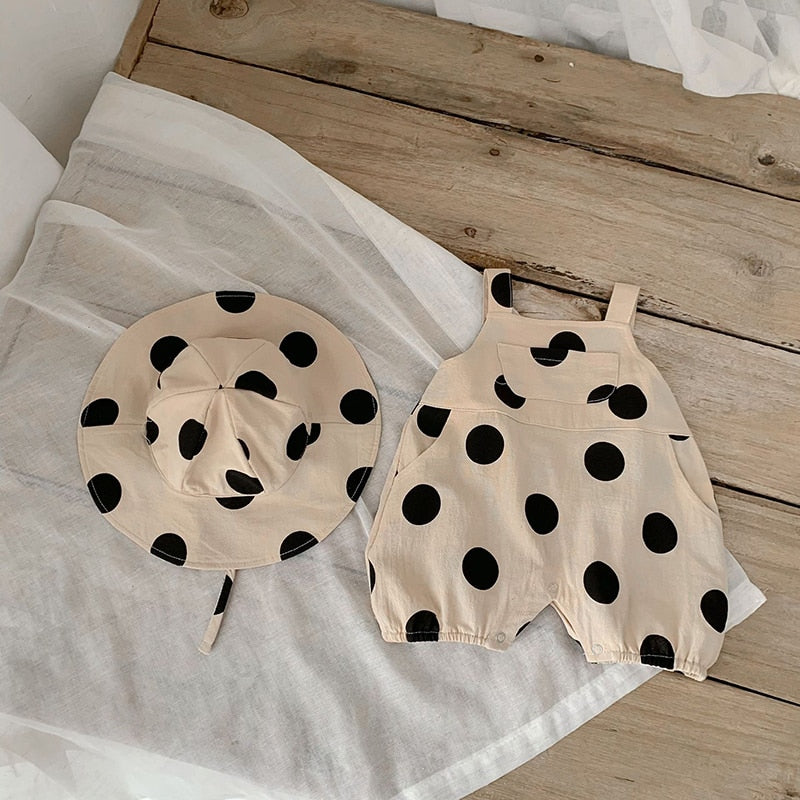 -☺︎ ベビー ポルカドット みずたま サスペンダー ロンパース 帽子 セット - mamahalo shop - サロペットパンツ・サスペンダーパンツ -  べビー服 - 子供服 - 男の子 - 女の子