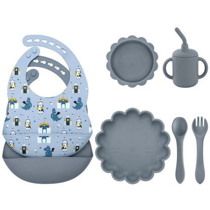 -6個セット シリコン セット ベビー ビブ 吸盤 ボウル カップ トレーニング スプーン フォーク - mamahalo shop - ベビーキッズ食器 -  べビー服 - 子供服 - 男の子 - 女の子