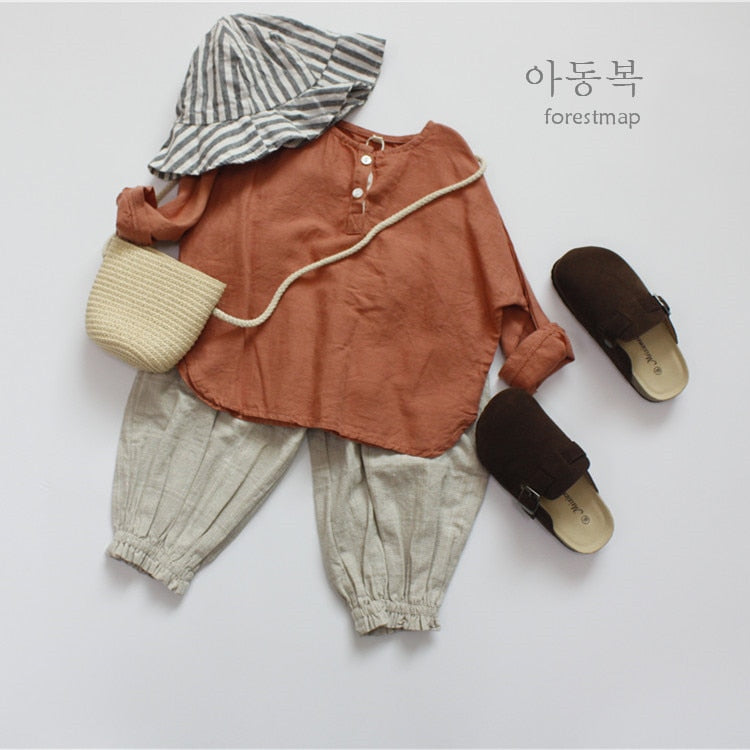 -キッズ チェック コットンリネン シンプル ランタン ルーズ パンツ【mh0001421】 - mamahalo shop - ロングパンツ・スウェットパンツ -  べビー服 - 子供服 - 男の子 - 女の子