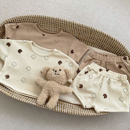 -ベビー セットアップ ワッフル くま ベア 半袖 Tシャツ ショートパンツ ベージュ ブラウン - mamahalo shop - 半袖セットアップ -  べビー服 - 子供服 - 男の子 - 女の子