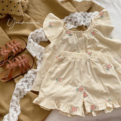 -キッズ セットアップ フラワー 刺繍 フリル ノースリーブ ブラウス トップス フリル ショートパンツ - mamahalo shop - ノースリーブセットアップ -  べビー服 - 子供服 - 男の子 - 女の子