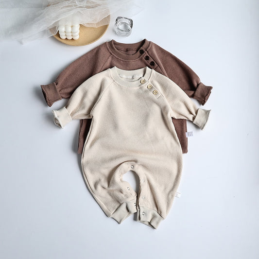 -ベビー服 ロンパース ジャンプスーツ 長袖 カバーオール シンプル ベーシック ルーズ コットン コーヒー ベージュ 男の子 女の子 - mamahalo shop - 長袖ロンパース -  べビー服 - 子供服 - 男の子 - 女の子