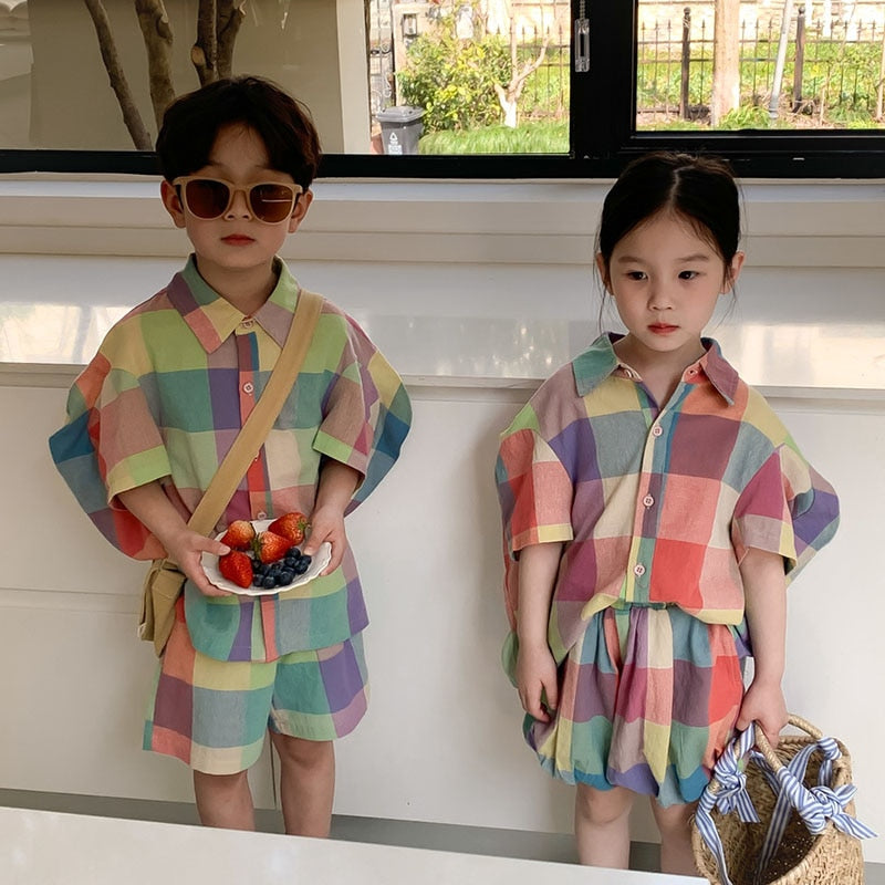 -キッズ ガールズ ボーイズ セットアップ マドラス チェック 半袖 シャツ ブラウス ショートパンツ バルーンパンツ リンク 兄弟 姉妹 お揃い コーデ - mamahalo shop - 半袖セットアップ -  べビー服 - 子供服 - 男の子 - 女の子