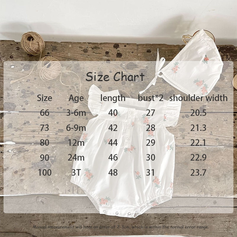 -ベビー フラワー 刺繍 フリル ロンパース ボンネット 帽子 セット - mamahalo shop - 半袖ロンパース -  べビー服 - 子供服 - 男の子 - 女の子