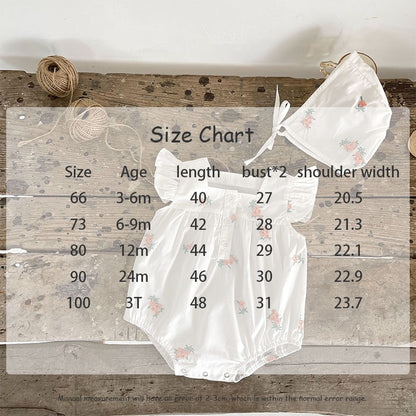 -ベビー フラワー 刺繍 フリル ロンパース ボンネット 帽子 セット - mamahalo shop - 半袖ロンパース -  べビー服 - 子供服 - 男の子 - 女の子