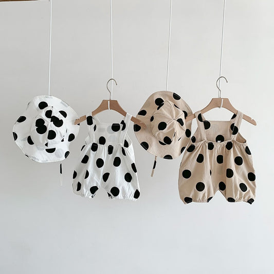 -☺︎ ベビー ポルカドット みずたま サスペンダー ロンパース 帽子 セット - mamahalo shop - サロペットパンツ・サスペンダーパンツ -  べビー服 - 子供服 - 男の子 - 女の子