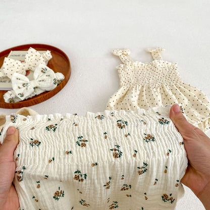 -ベビー フラワー 花柄 水玉 ピンドット シャーリング キャミソール ロンパース リボンヘアバンド セット - mamahalo shop - ノースリーブロンパース -  べビー服 - 子供服 - 男の子 - 女の子