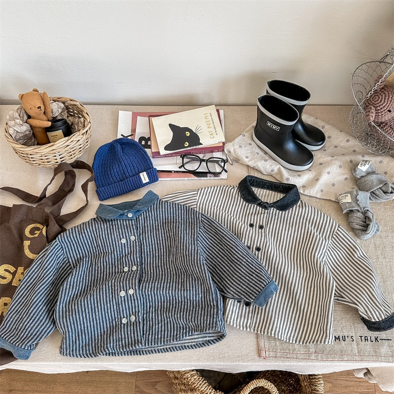 -キッズ ストライプ 長袖 シャツ ブラウス ボーイズ - mamahalo shop - 長袖シャツ・ブラウス -  べビー服 - 子供服 - 男の子 - 女の子