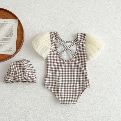 -ベビー 水着 チェック リボン 半袖 シフォン パフスリーブ ワンピース ラッシュガード スイムウェア 帽子 セット ブラウン ガールズ【mh0001975】 - mamahalo shop - ベビー用水着 -  べビー服 - 子供服 - 男の子 - 女の子