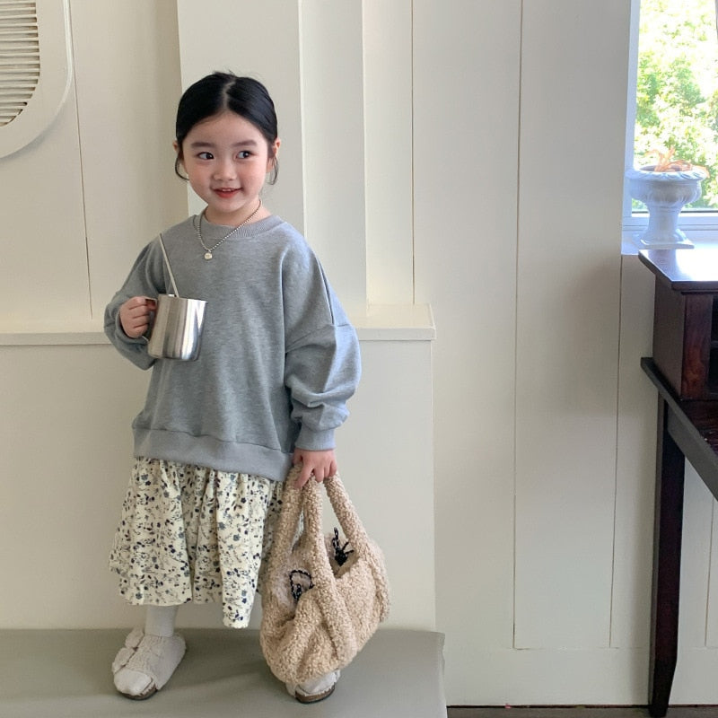-キッズ ドッキング スウェット フラワー スカート ワンピース - mamahalo shop - 長袖ワンピース -  べビー服 - 子供服 - 男の子 - 女の子