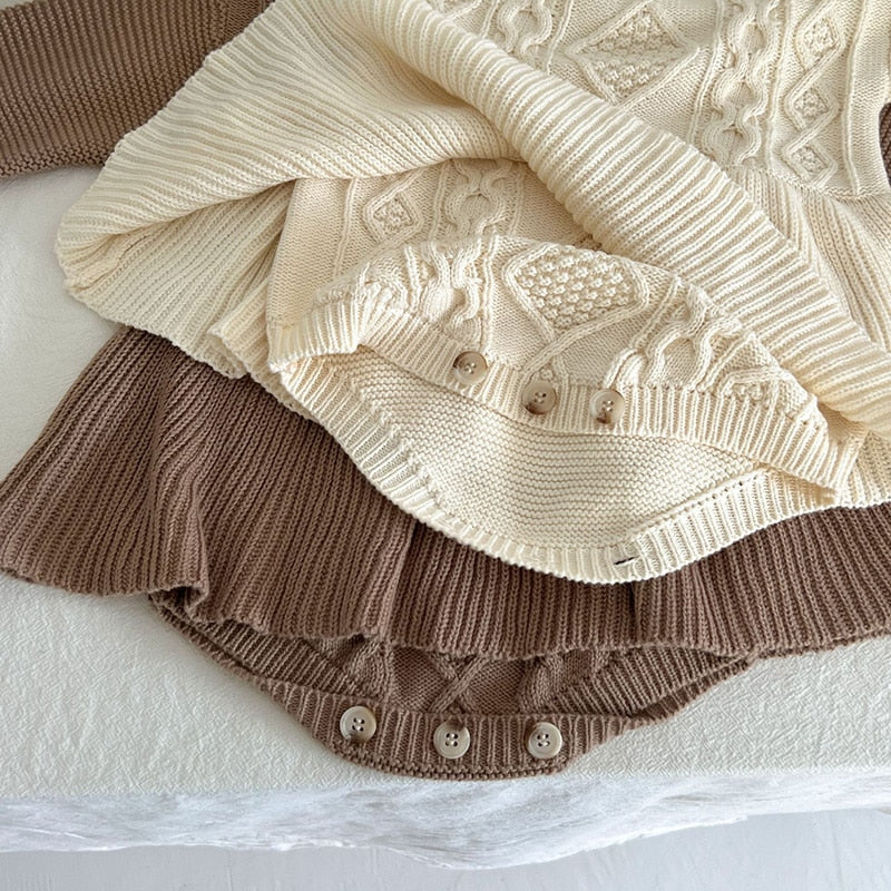 -☺︎ ベビー アランニット ケーブル編み 長袖 スカート ワンピース ロンパース - mamahalo shop - 長袖ロンパース -  べビー服 - 子供服 - 男の子 - 女の子