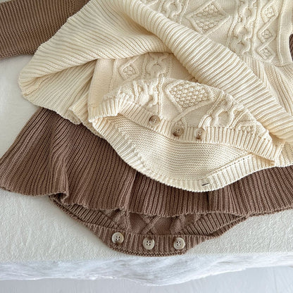 -☺︎ ベビー アランニット ケーブル編み 長袖 スカート ワンピース ロンパース - mamahalo shop - 長袖ロンパース -  べビー服 - 子供服 - 男の子 - 女の子
