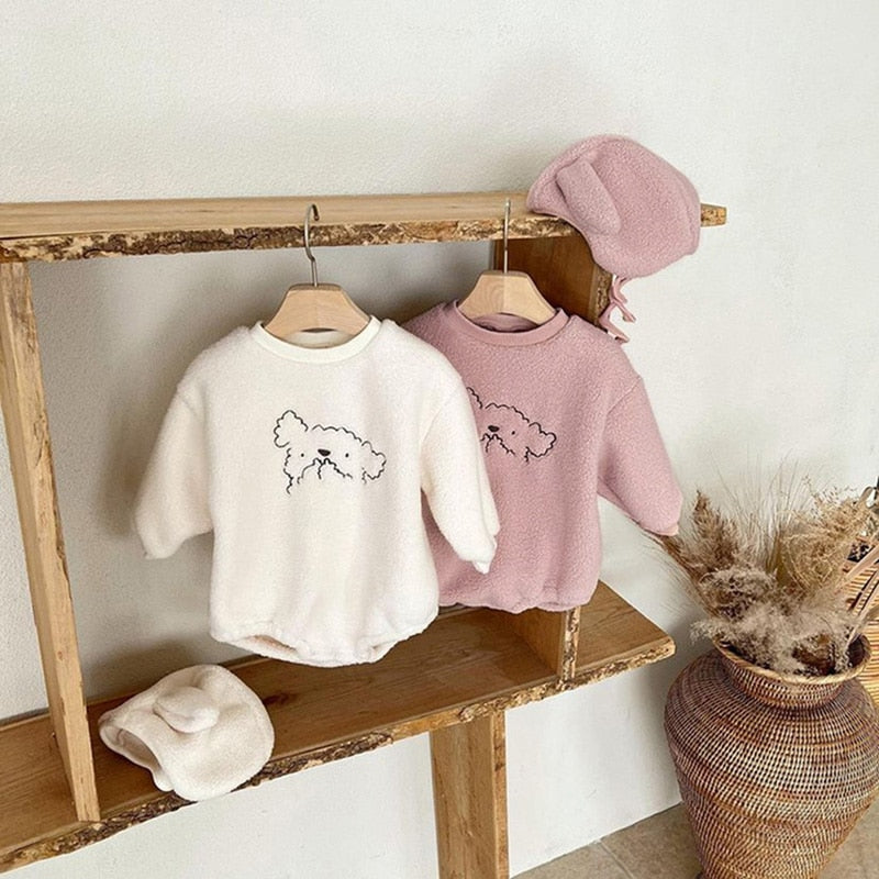 -ベビー プードル 犬 ボア フリース  長袖 ロンパース 耳帽子 セット - mamahalo shop - 長袖ロンパース -  べビー服 - 子供服 - 男の子 - 女の子