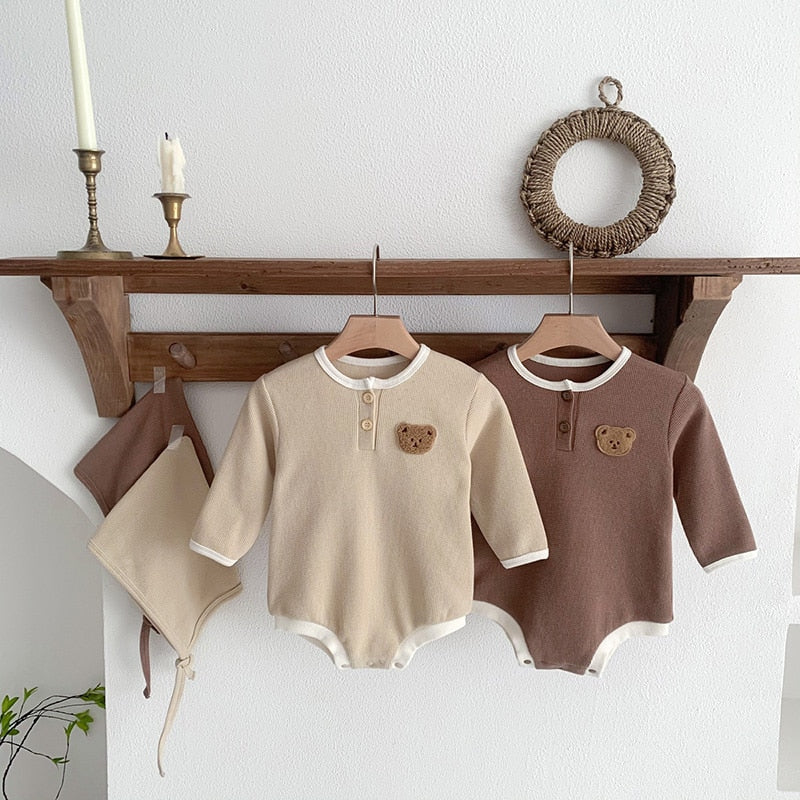 -ベビー ワッフル くま ベア 長袖 ロンパース ボンネット 帽子 セット - mamahalo shop - 長袖ロンパース -  べビー服 - 子供服 - 男の子 - 女の子
