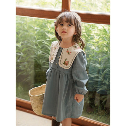 -☺︎ キッズ フラワー 刺繍 ビッグカラー 長袖 ワンピース - mamahalo shop - 長袖ワンピース -  べビー服 - 子供服 - 男の子 - 女の子