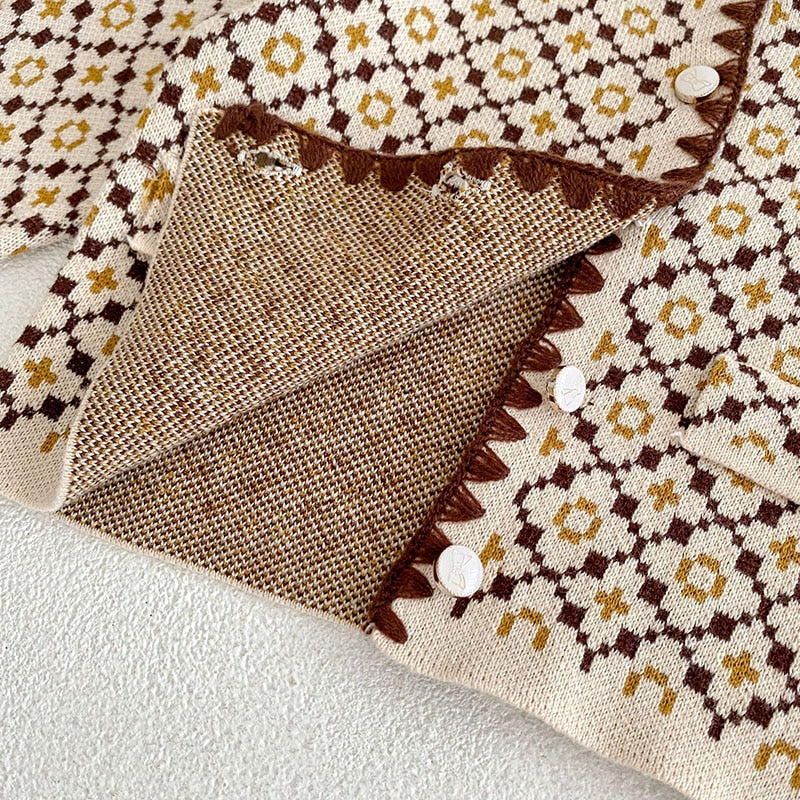 -ベビー レトロフラワー ニット 長袖 カーディガン ジャケット ブルマ パンツ - mamahalo shop - カーディガン・パーカー -  べビー服 - 子供服 - 男の子 - 女の子