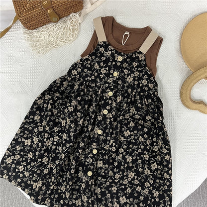 -キッズ フラワー 小花柄 キャミソール サスペンダー フロントボタン ワンピース - mamahalo shop - ノースリーブワンピース -  べビー服 - 子供服 - 男の子 - 女の子