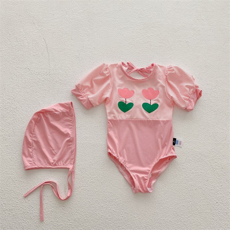 -キッズ 水着 ワンピース リボン チューリップ 帽子 セット スイムウェア【mh0001892】 - mamahalo shop - ベビー用水着 -  べビー服 - 子供服 - 男の子 - 女の子