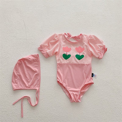 -キッズ 水着 ワンピース リボン チューリップ 帽子 セット スイムウェア【mh0001892】 - mamahalo shop - ベビー用水着 -  べビー服 - 子供服 - 男の子 - 女の子