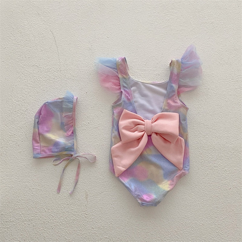 -キッズ 水着 ワンピース レインボー フリル リボン 帽子 セット スイムウェア【mh0001890】 - mamahalo shop - ベビー用水着 -  べビー服 - 子供服 - 男の子 - 女の子