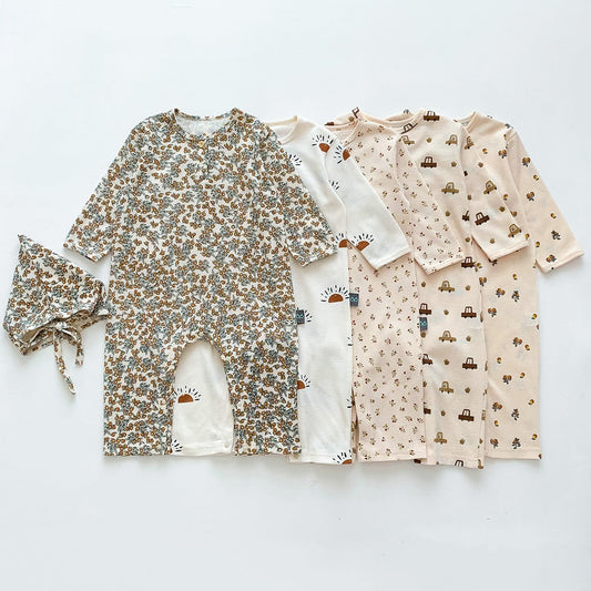 -ベビー 長袖 プリント ロンパース ジャンプスーツ 車 くるま フラワー - mamahalo shop - 長袖ロンパース -  べビー服 - 子供服 - 男の子 - 女の子