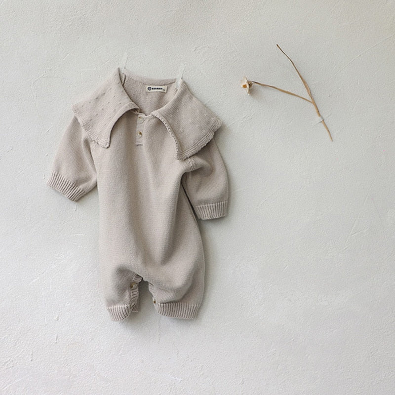 -ベビー ニット ビッグカラー 長袖 ジャンプスーツ 帽子 セット - mamahalo shop - 長袖ロンパース -  べビー服 - 子供服 - 男の子 - 女の子