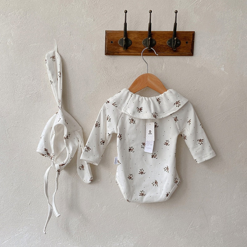 -ベビー フラワー フリルカラー 長袖 ロンパース うさ耳 帽子 セット - mamahalo shop - 長袖ロンパース -  べビー服 - 子供服 - 男の子 - 女の子