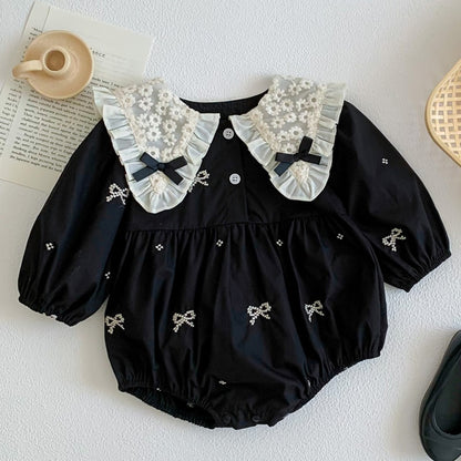 -☺︎ ベビー フラワー レース リボン 長袖 ロンパース ワンピース 足つきレギンスパンツ タイツ - mamahalo shop - 長袖ロンパース -  べビー服 - 子供服 - 男の子 - 女の子