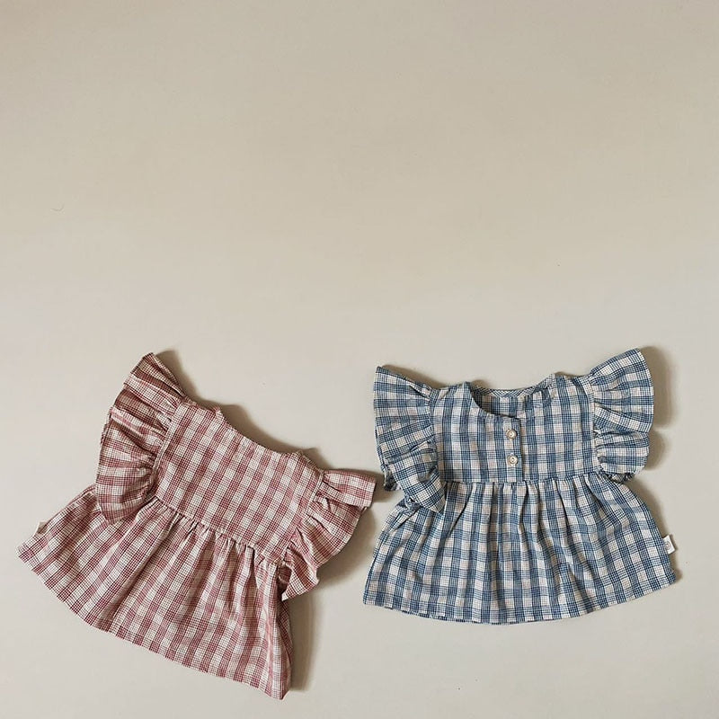 -ベビー セットアップ チェック フリルスリーブ ブラウス トップス ブルマパンツ【mh0001841】 - mamahalo shop - 半袖セットアップ -  べビー服 - 子供服 - 男の子 - 女の子