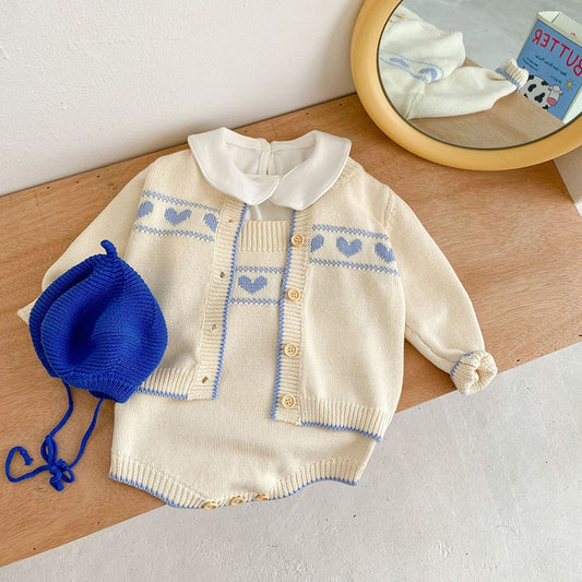 -ベビー ニット セットアップ ブルー ハート カーディガン サスペンダー ロンパース【mh0001136】 - mamahalo shop - ロンパースセットアップ -  べビー服 - 子供服 - 男の子 - 女の子