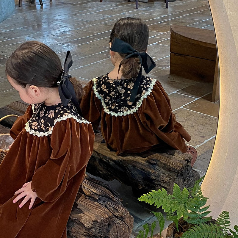 -キッズ レース フラワー カラー 長袖 ワンピース - mamahalo shop - 長袖ワンピース -  べビー服 - 子供服 - 男の子 - 女の子