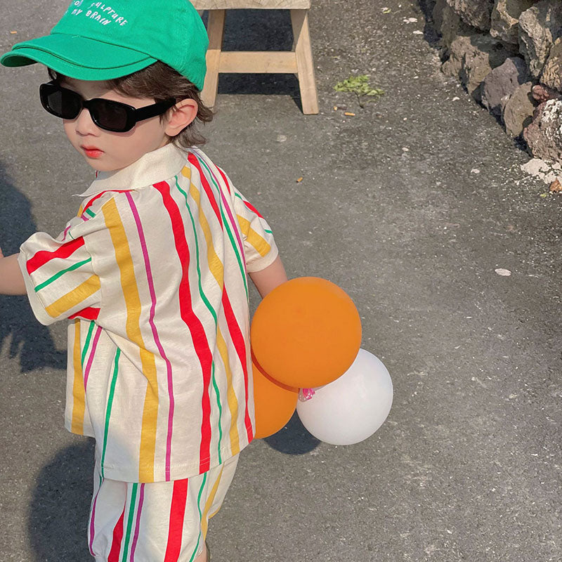 -キッズ カラフル ストライプ ボーイス セットアップ 半袖 ポロシャツ トップス パンツ ガールズ ワンピース リンク 兄弟 姉妹 お揃い コーデ - mamahalo shop - 半袖セットアップ -  べビー服 - 子供服 - 男の子 - 女の子