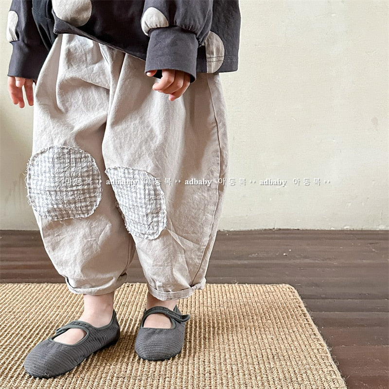 -キッズ チェック 膝パッチ ルーズ パンツ ズボン - mamahalo shop - ロングパンツ・スウェットパンツ -  べビー服 - 子供服 - 男の子 - 女の子